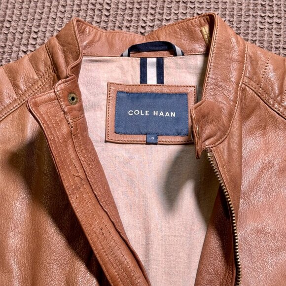 Cole Haan Men’s Tan Leather Moto Jacket Size L - Picture 2 of 9